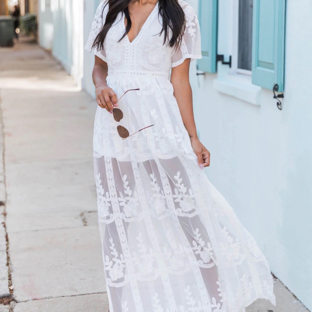 Pink Lily Crossing Paths Lace Maxi Dress Romper